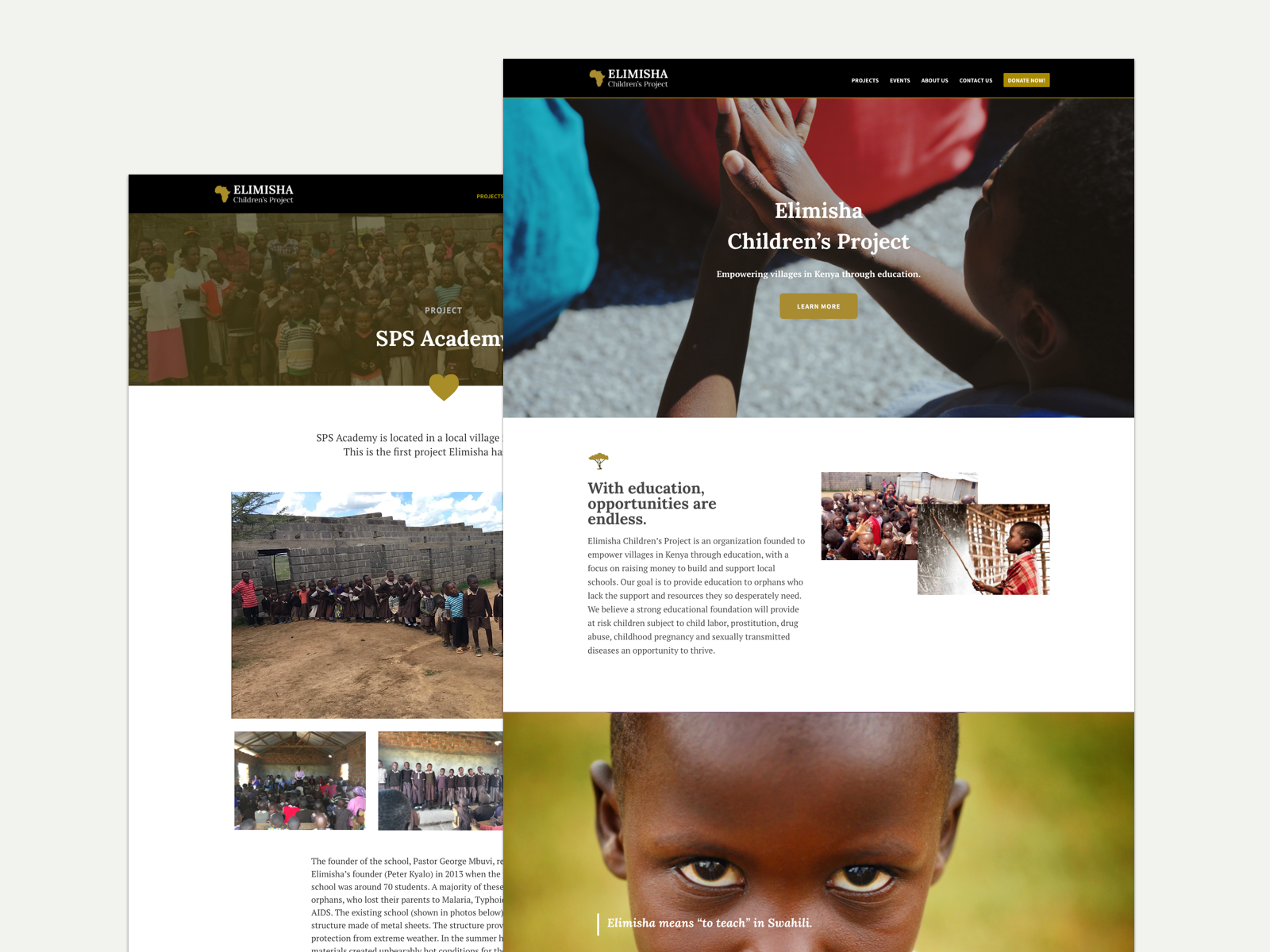 screenshot of a website done for nonprofit group Elimisha