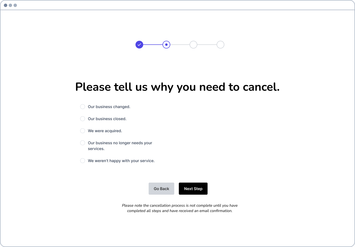 screenshot of sps cancellation process - step 2 asks why they need to cancel